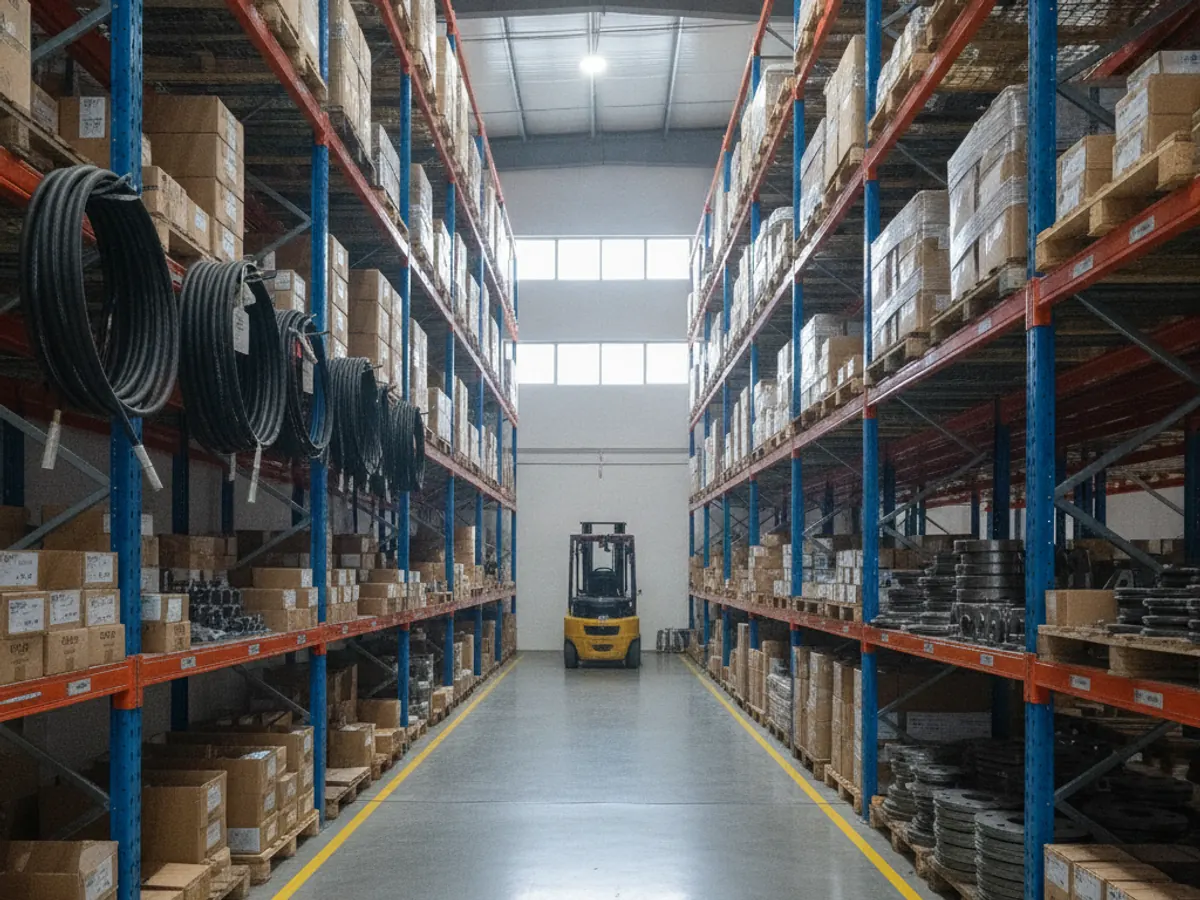 Pasillo de almacén con estantería industrial cargada de material de suministro
